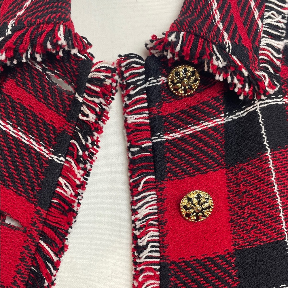 2 pc St. JOHN knit fringe jacket Plaid Red suit gold Black Women's Pants Set - Picture 15 of 17